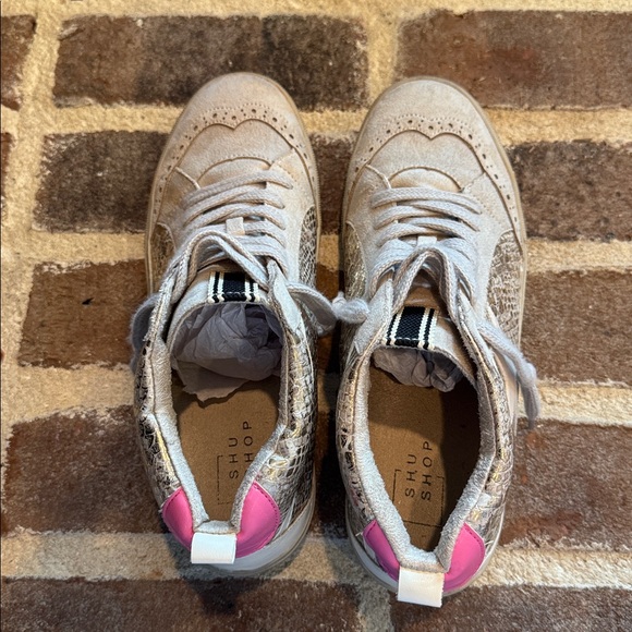 ShuShop WMNS Gold Snakeskin and bone suede High-Top Sneakers size 8.5 - Picture 3 of 6